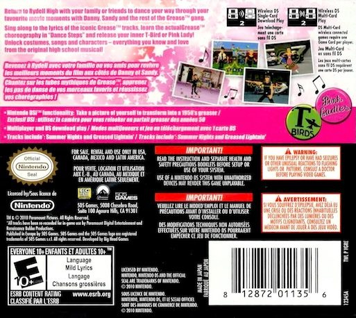 Grease : Le Jeu Vidéo Officiel - Dos